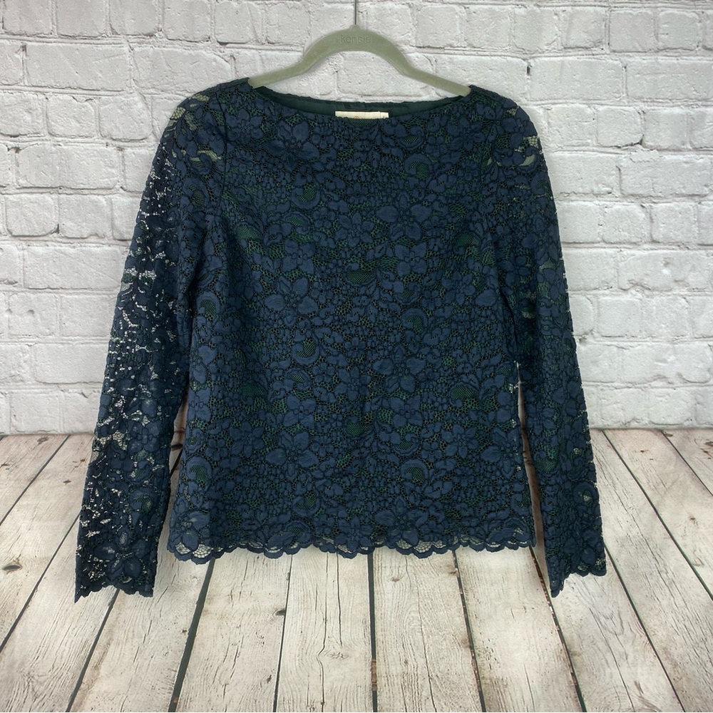 Tory Burch Womens Size 0 Green Blue Floral Lace Long Sleeve Top LKNW